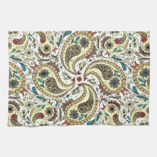 Paisley vogels in geel/bruin en wit theedoek