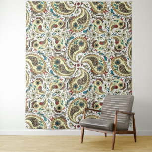 Paisley vogels in geel/bruin en wit wandkleed