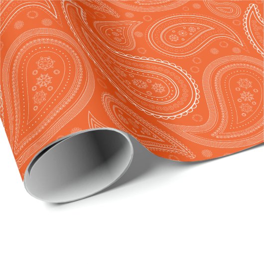 Paisley White op helder Oranje omslagpapier Cadeaupapier (Rol Hoek)
