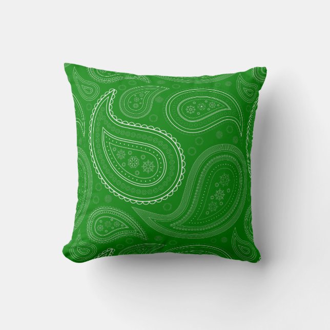 Paisley Witte op Groene Worp Kussen (Voorkant)