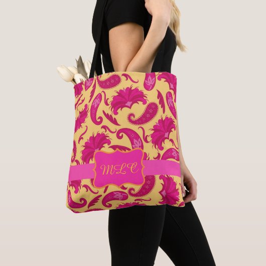Paisley Yellow Bright roze Monogram personaliseren Tote Bag (Dichtbij)