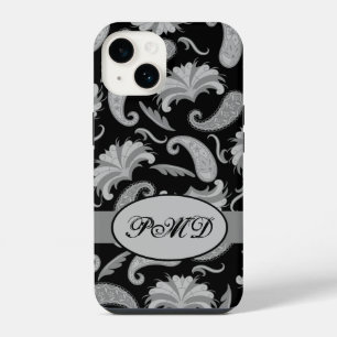 Paisley Zwart Grijs Modern Monogram Naam iPhone 14 Hoesje