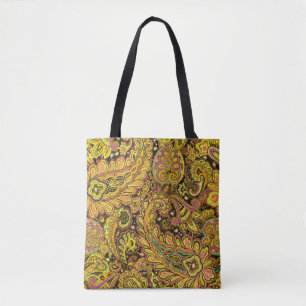 Paisleymotief in geel, bruin op zwarte achtergrond tote bag