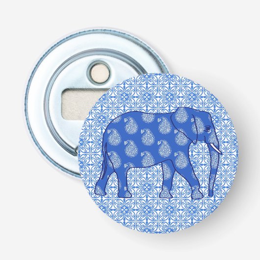 Paisleyolifant - kobaltblauw en wit button flesopener (Voorkant)
