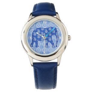 Paisleyolifant - kobaltblauw en wit horloge