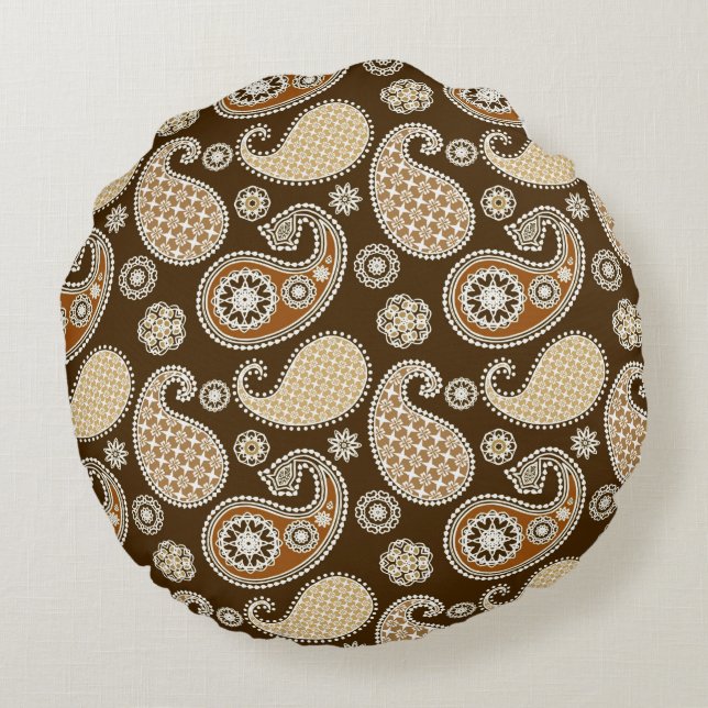 Paisleypatroon, Chocolate Brown en Tan Rond Kussen (Achterkant)