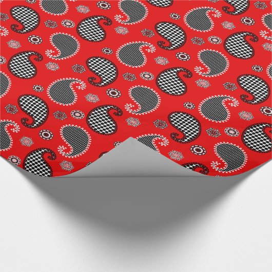 Paisleypatroon, diep rood, zwart en wit cadeaupapier (Hoek)