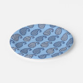 Paisleypatroon, hemelsblauw, marine en wit papieren bordje (Gekanteld)