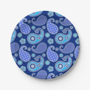Paisleypatroon, kobaltblauw en wit papieren bordje