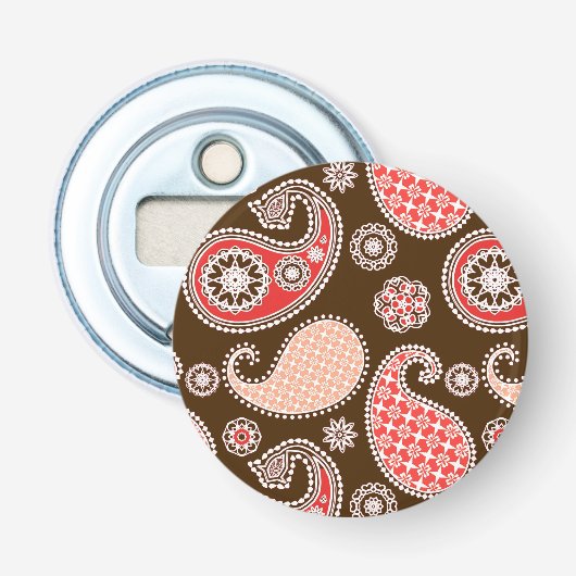 Paisleypatroon, koraal- en chocoladebruin button flesopener (Voorkant)