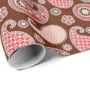 Paisleypatroon, koraal- en chocoladebruin cadeaupapier