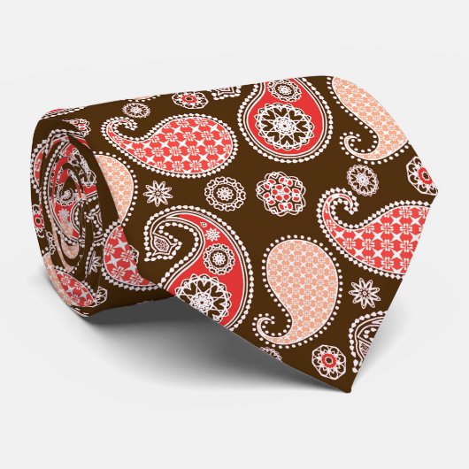 Paisleypatroon, koraal- en chocoladebruin stropdas (Opgerold)