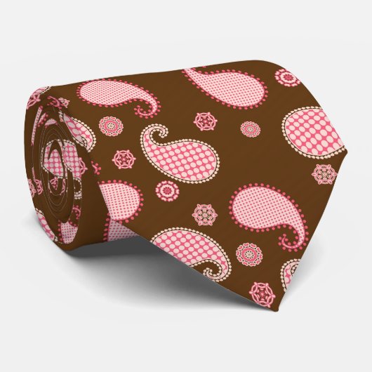 Paisleypatroon, koraalroze en chocoladebruin stropdas (Opgerold)
