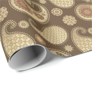 Paisleypatroon, zacht goud op chocoladebruin cadeaupapier