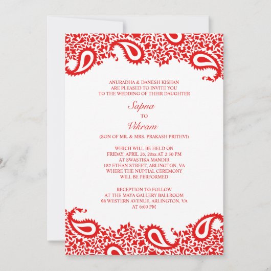 Paisleys Elegant Indian Wedding Flat Invitation Kaart (Voorkant)