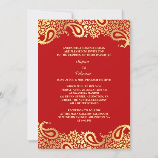 Paisleys Elegant Indian Wedding Flat Invitation Kaart (Voorkant)