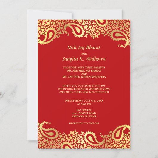 Paisleys Elegant Indian Wedding Flat Invitation Kaart (Voorkant)