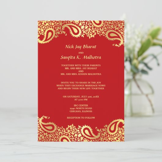 Paisleys Elegant Indian Wedding Flat Invitation Kaart (Staand voorkant)