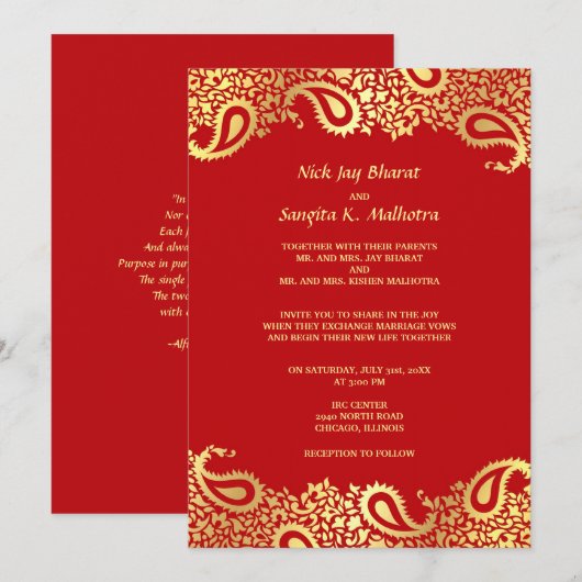 Paisleys Elegant Indian Wedding Flat Invitation Kaart (Voorkant / Achterkant)