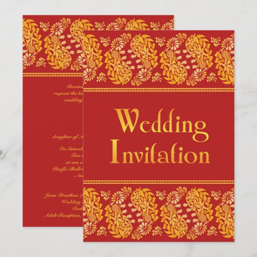 Paisleys Indian Wedding Flat Invitation Kaart (Voorkant / Achterkant)