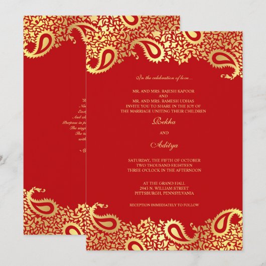 Paisleys Red Wedding Flat Uitnodiging (Voorkant / Achterkant)