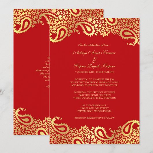 Paisleys Red Wedding Flat Uitnodiging (Voorkant / Achterkant)