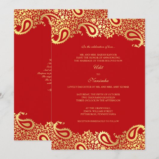 Paisleys Red Wedding Flat Uitnodiging (Voorkant / Achterkant)