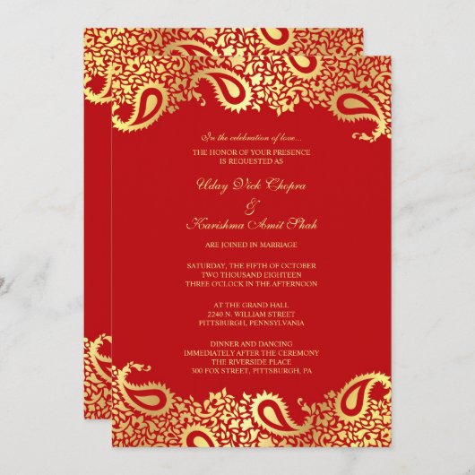 Paisleys Red Wedding Flat Uitnodiging (Voorkant / Achterkant)