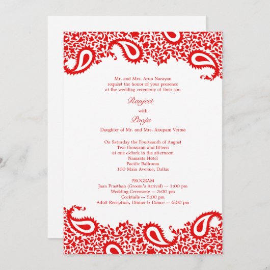 Paisleys Wedding with Programs Flat Invitation Kaart (Voorkant / Achterkant)