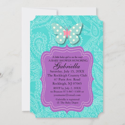 Paisly Blue met Butterfly Baby shower Invitation Kaart (Voorkant)