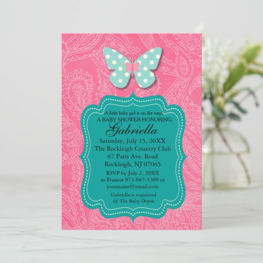Paisly Pink met uitnodiging voor Butterfly Baby sh (Staand voorkant)