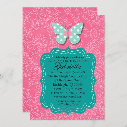 Paisly Pink met uitnodiging voor Butterfly Baby sh (Voorkant / Achterkant)