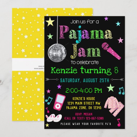 Pajama Jam Party Invite - PJ Dance Party Invite Kaart (Voorkant / Achterkant)