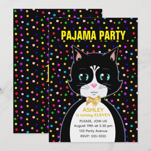 Pajama Party & Cute Tuxedo Birthday Cat Kaart (Voorkant / Achterkant)