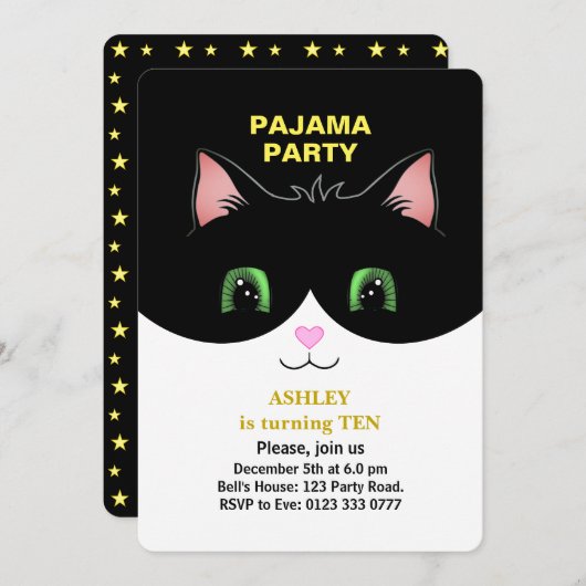 Pajama Party & Cute Tuxedo Cat Uitnodiging (Voorkant / Achterkant)