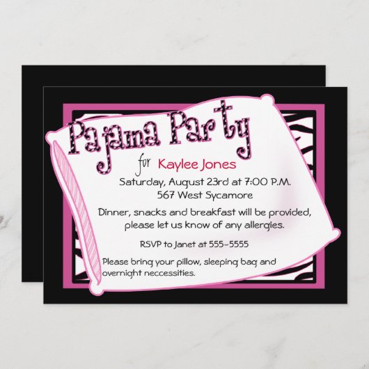 Pajama Party in Black en Pink Kaart (Voorkant / Achterkant)
