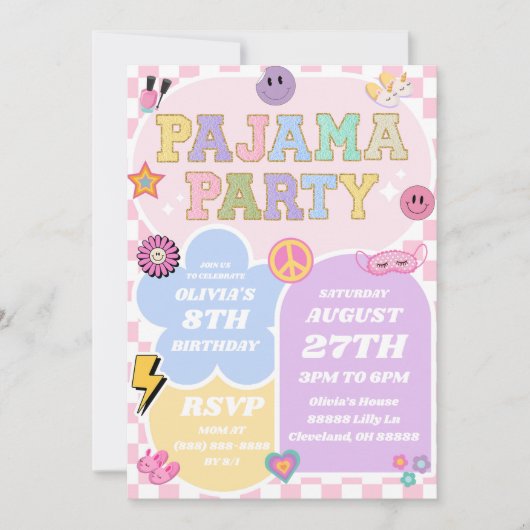 Pajama Party Preppy Varsity Patch Verjaardagsfeest Kaart (Voorkant)