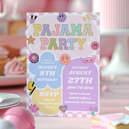 Pajama Party Preppy Varsity Patch Verjaardagsfeest Kaart