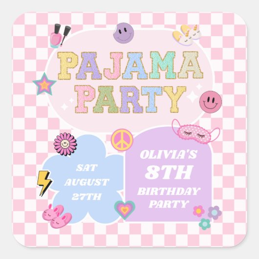 Pajama Party Preppy Varsity Patch Verjaardagsfeest Vierkante Sticker (Voorkant)