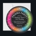 Pajama Sleepover Birthday Party Kaart<br><div class="desc">Schattige Circle die Cut Pyjama Party Invitation met een neon oranje,  blauw groene en roze cirkel met verspreide witte sterren. Flip onze moderne sleepover verjaardagsfeestje uitnodiging over om een bijpassende rug voor een extra speciale touch te vinden. Stijlvolle slaapfeestje uitnodiging voor een tween meisje of tiener meisje.</div>