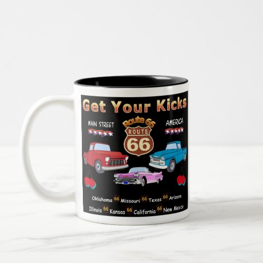 Pak je kicks. Route 66 t-shirts en geschenken Tweekleurige Koffiemok (Links)