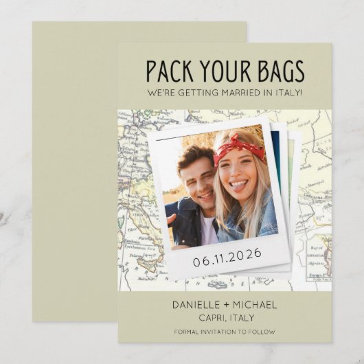 Pak je tassen voor bestemming Italië. Save The Date (Voorkant / Achterkant)