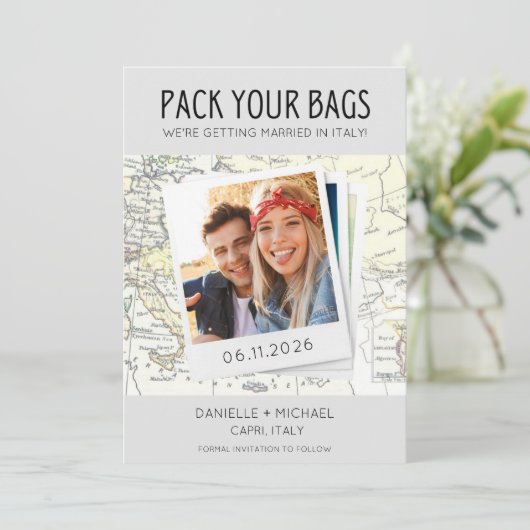 Pak je tassen voor bestemming Italië. Save The Date (Staand voorkant)