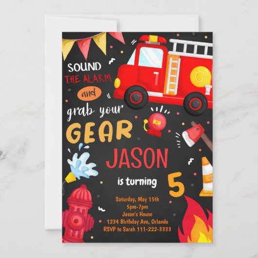 Pak je uitrusting Fire Truck verjaardagsuitnodigin Kaart (Voorkant)