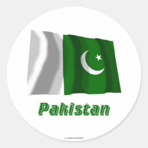 Pakistan zwaaiende vlag met naam ronde sticker