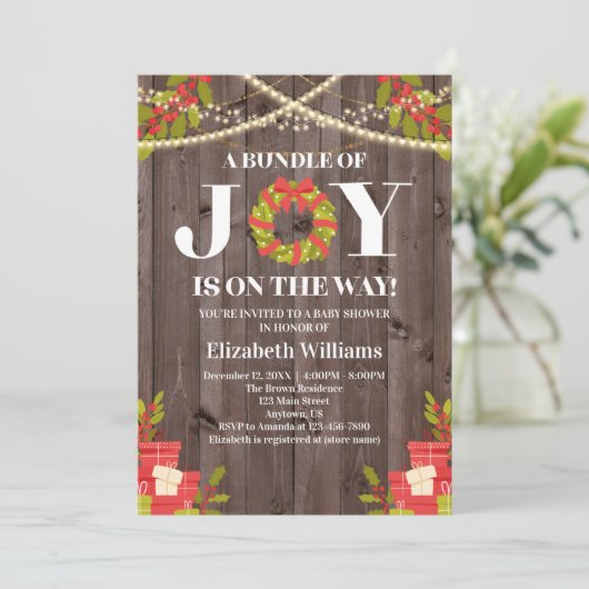 Pakket met Joy Wreath Wood met kerstBaby shower Kaart (Staand voorkant)