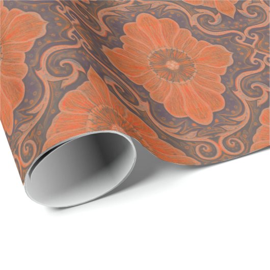 "Palatia floral", patroon, oranje en bruin Cadeaupapier (Rol Hoek)