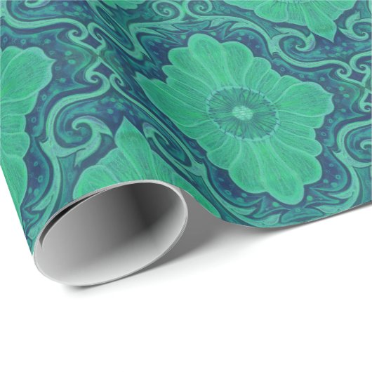 "Palatial floral"-patroon in groen- en marineblauw Cadeaupapier (Rol Hoek)