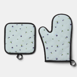 Pale Aqua Japanese Blue Pansy Floral Pattern Ovenwant & Pannenlap Set