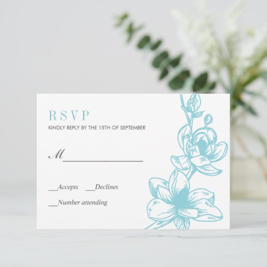 Pale blauw | Magnolia Bloemen Bloemen | Bruiloft R RSVP Kaartje (Staand voorkant)